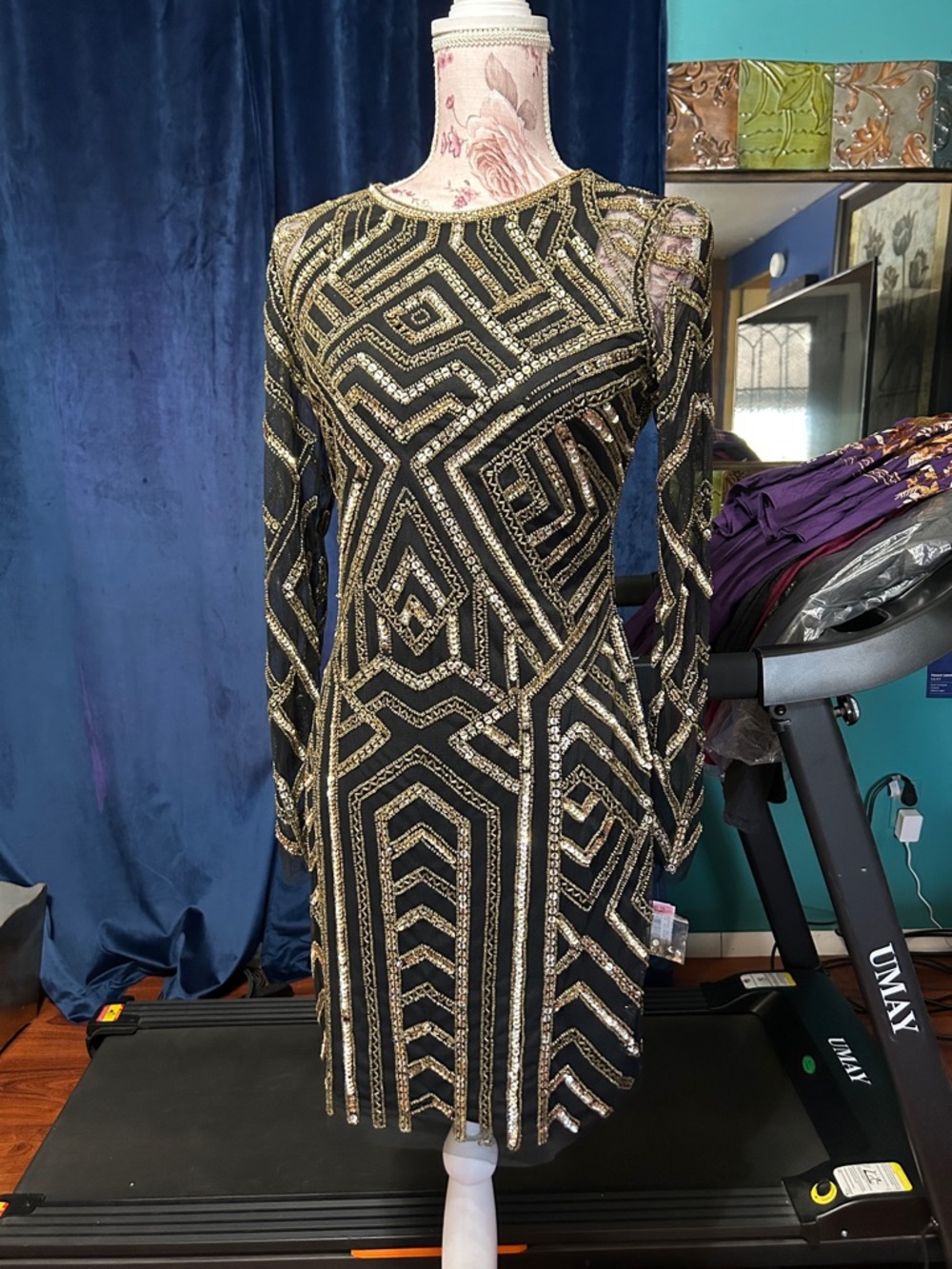 Adrianna Papell Black Dress with Gold Sequin Geometric Design